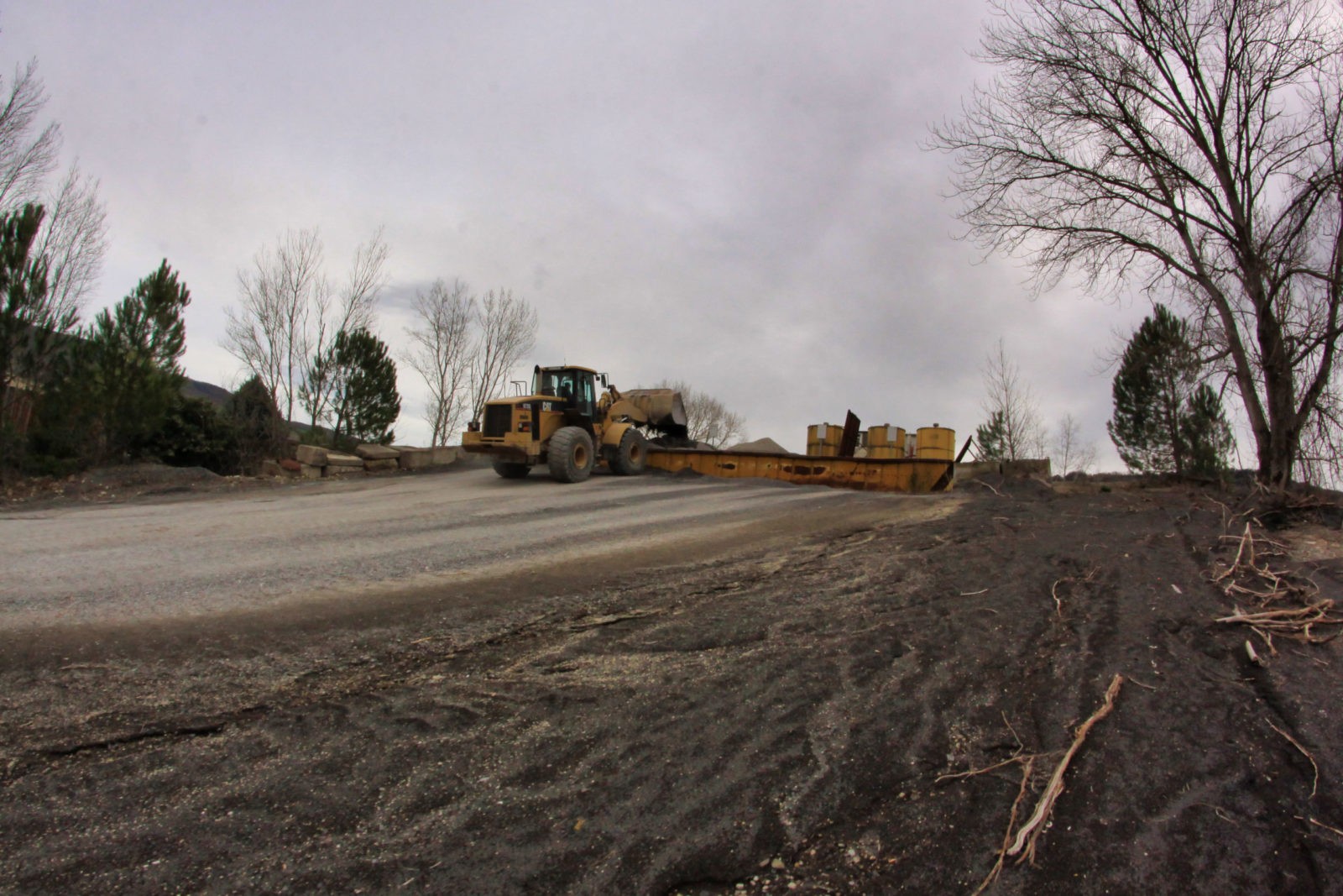 Ruspa su strada sterrata con alberi spogli.