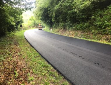 Strada asfaltata di recente in area boschiva.