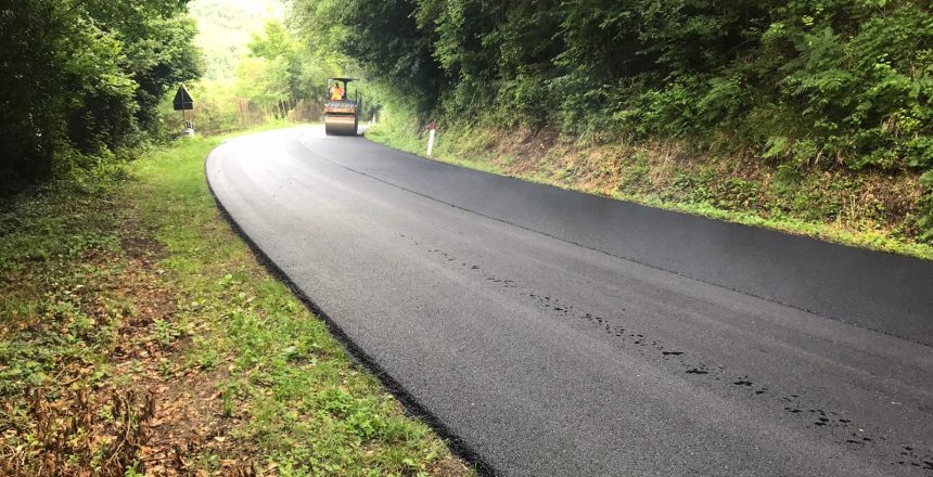 Strada asfaltata di recente in area boschiva.